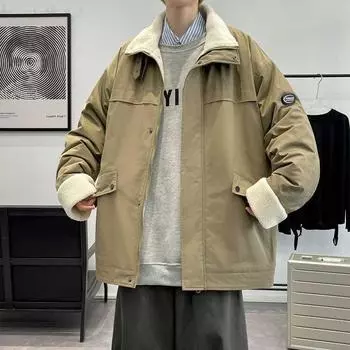 Одежда Мужская бархатная утолщенная хлопковая подкладка Одежда для людей среднего возраста и молодежи Теплая куртка с воротником-стойкой Мужская инструментальная хлопковая подкладка M