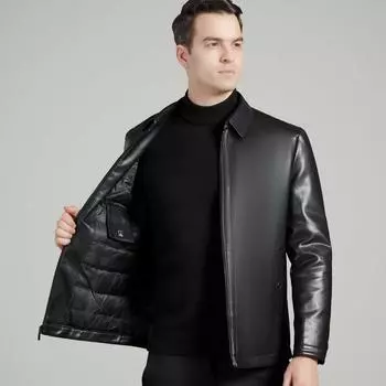 Одежда Мужская куртка из овчины для среднего возраста, повседневная, деловая, с отворотом, кожаная куртка для папы, осенне-зимняя 170