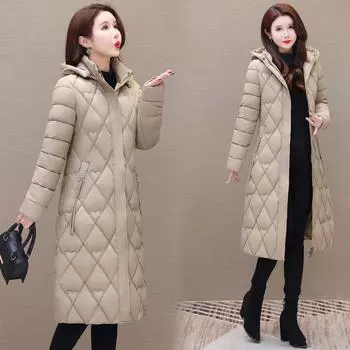 Одежда на хлопчатобумажной подкладке для женщин среднего и пожилого возраста выше колена, длинные легкие и тонкие куртки больших размеров, одежда для мам, зимняя тонкая XL чёрный