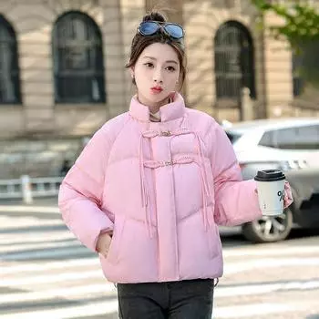 Одежда на пуговицах с ватой хлеб школьница новая зимняя маленькая свободная утолщенная одежда на вате короткая куртка на вате M чёрный