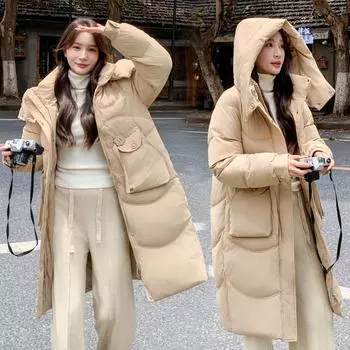 Одежда на пуху из хлопка выше колена осенью и зимой, корейский вариант свободных курток на хлопке, женская одежда на бретелях, M чёрный