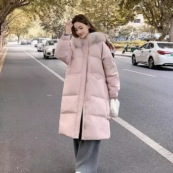 Одежда на пуху с хлопковой подкладкой. Новогодняя длинная, выше колена, с большим меховым воротником, одежда на хлопковой подкладке. Утолщенная, модная и универсальная. M чёрный