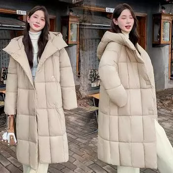 Одежда на пуху с хлопковой подкладкой, свободная и длинная выше колена корейская версия курток на хлопковой подкладке, утолщенная и универсальная женская одежда на бретелях M чёрный