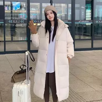 Одежда на пуху с хлопковой подкладкой Женское длинное свободное зимнее пальто с капюшоном и утолщенной коленкой Куртка на хлопковой подкладке Новый год S чёрный