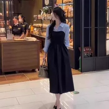 Одежда начала осени 2024 года, новая женская одежда, поддельная рубашка из двух частей, черное платье, детское длинное платье начала осени высокого класса M чёрный