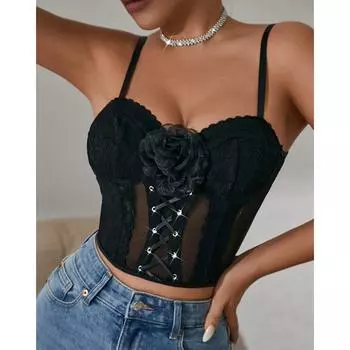 Одежда новая трехмерная роза сексуальная подтяжка женская сращивание кружева сетка обертывание грудь одежда Spice Girl топ T S чёрный
