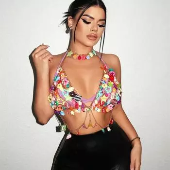 Одежда новый популярный ночной клуб капающий драгоценный камень жилет шея полый бюстгальтер бикини боди цепь one size fits all золотой