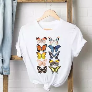 Одежда Повседневная футболка с коротким рукавом Sweet Butterfly Trend Симпатичная женская футболка с принтом Летняя модная футболка Леди Женская футболка с рисунком S