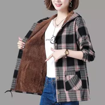 Одежда Повседневные куртки в клетку для пожилых женщин среднего возраста с бархатным коротким пальто с капюшоном Теплая куртка Верхняя одежда XL коричневый