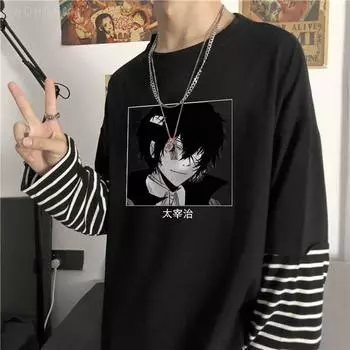 Одежда с длинными рукавами из аниме Bungo Stray Dogs, летний топ большого размера Kawaii Osamu Dazai Manga Harajuku, унисекс, футболка из двух предметов S чёрный/белый