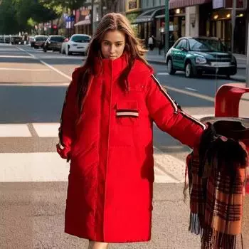 Одежда с хлопковой подкладкой, средней и длинной длины, облегающая, утолщенная, для поездок на работу, на молнии, с капюшоном, однотонная, темпераментная, модная, трендовая M белый