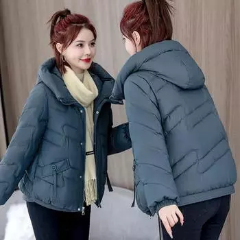 Одежда с хлопковой подкладкой в иностранном стиле, женская короткая зимняя 2024, новая корейская версия теплых курток с хлопковой подкладкой, утолщенные куртки с капюшоном и хлопковой подкладкой M чёрный