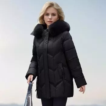 Одежда с хлопковой подкладкой, женская, средней и длинной длины, зимняя одежда для матерей среднего и пожилого возраста, однотонная, большой меховой воротник, капюшон внутри M фиолетовый