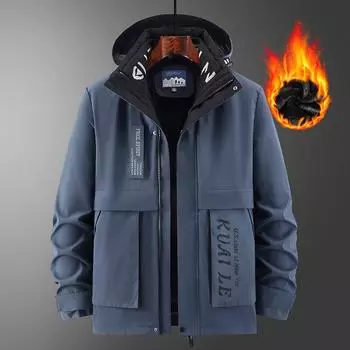 Одежда с капюшоном и хлопковой подкладкой, мужская повседневная бархатная утолщенная теплая многофункциональная куртка, осенне-зимняя ветрозащитная куртка три в одном M серый