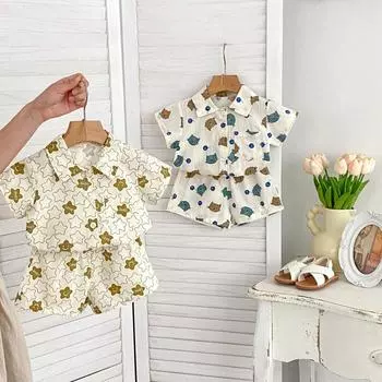 Одежда с милым принтом для маленьких мальчиков, рубашка с короткими рукавами и воротником-поло + шорты, летняя одежда для мальчиков 73