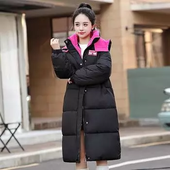 Одежда с пуховой хлопковой подкладкой Женская зимняя одежда средней и длинной длины Новая утолщенная теплая куртка с капюшоном из импортной торговли с хлопковой подкладкой M розы красного