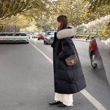 Одежда с пуховой подкладкой из хлопка 2024 года, новая длинная выше колена, большая меховая горловина, одежда с подкладкой из хлопка, утолщенная, модная, универсальная, зимняя куртка с подкладкой из хлопка M чёрный