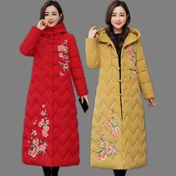 Одежда с пуховой подкладкой из хлопка на молнии женская зимняя одежда средней и длинной длины свободная вышитая одежда для мам одежда с пуговицами на хлопковой подкладке M 95-52.5 kg