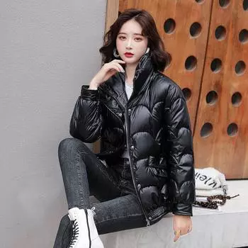 Одежда с пуховой подкладкой из хлопка, новые модные несмываемые зимние короткие куртки с глянцевой отделкой, женские куртки, популярные в межсезонье S recommends below 95 чёрный