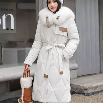 Одежда с пуховой подкладкой из хлопка, женская облегающая зимняя одежда, новая большая меховая воротниковая куртка средней и длинной длины до колена с подкладкой из хлопка, утолщенная куртка M хаки