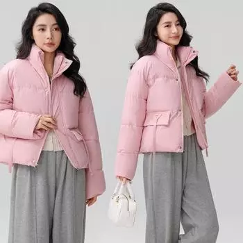 Одежда с пуховой подкладкой из хлопка, женская, воротник-стойка, короткая, новая, свободная, в стиле Гонконга, утолщенная одежда из хлеба, куртки и пиджаки с хлопковой подкладкой M чёрный