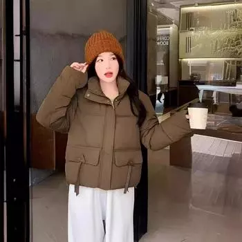 Одежда с пуховой подкладкой из хлопка, женская, воротник-стойка, короткая, новая, свободная, в стиле Гонконга, утолщенная одежда из хлеба, куртки и пиджаки с хлопковой подкладкой M темно-коричневого