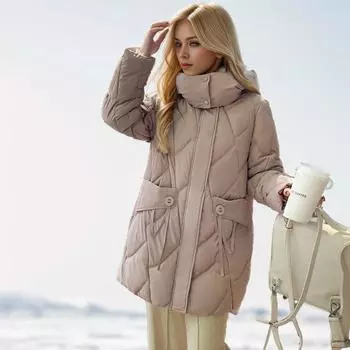 Одежда с пуховой ватой для женщин средней и длинной длины, модная версия, свободная и утолщенная одежда с капюшоном с ватой M