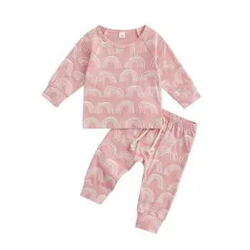 Одежда с радужным принтом для маленьких девочек и мальчиков, комплекты одежды из 2 предметов на осень/зиму для новорожденных, толстовка с круглым вырезом и длинными рукавами + брюки 0-6 Months зелёный