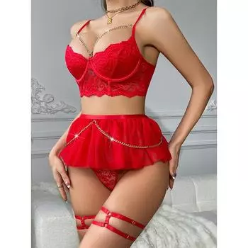 Одежда Сексуальное нижнее белье Кружевная цепочка Перспектива Соблазнение Короткая юбка Стринги Бюстгальтер Комплект из трех предметов S