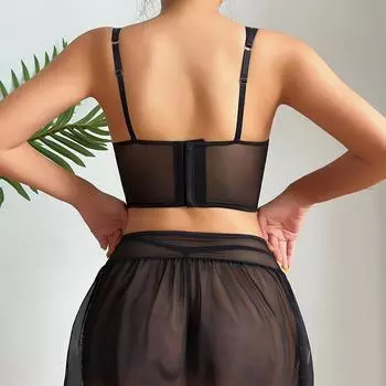 Одежда Сексуальное нижнее белье Кружевной бюстгальтер Perspective Seduction Короткая юбка Стринги Кольцо для ног Комплект из четырех предметов S