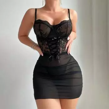 Одежда сексуальное нижнее белье кружево перспектива соблазн ночная рубашка стринги комплект из двух частей S