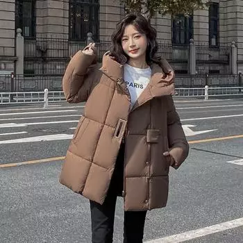 Одежда средней и длинной длины с хлопковой подкладкой Женская зимняя темпераментная европейская дизайнерская идея Однотонная свободная повседневная куртка с хлопковой подкладкой M