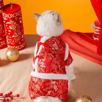 Одежда Тан для питомцев Праздничная одежда на китайский Новый год Одежда на четырех лапах Флисовая теплая Кошка рэгдолл Синяя кошка Осень и зима Новогодняя хлопковая одежда для кошки S (recommended weight 3-2.5 kg)