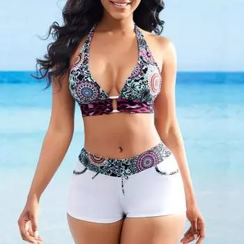 Одежда Топы Лето Женщины Бикини Печатный Глубокий V-образным Вырезом Холтер Бюстгальтер Низкая Посадка Микро Шорты Трусы Купальник Комплект M цветочный