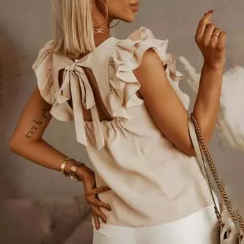 Одежда Топы Весенне-летняя женская блузка Однотонная футболка с рюшами без рукавов и открытой спиной
