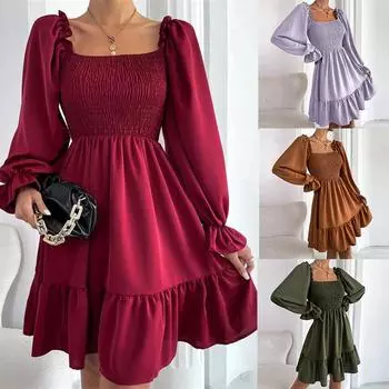 Одежда Vestidos Square Collar Mini Sexy Dresses Ruffled Hem Dress Simple Skirt Dresses Women s Fashion S чёрный