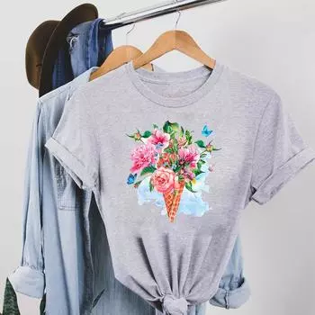 Одежда в цветочном стиле, повседневная футболка с коротким рукавом в стиле 90-х годов, милая женская футболка с принтом, модная футболка S