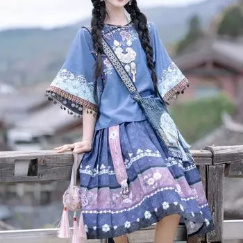 Одежда в китайском этническом стиле, элегантный и милый пригородный топ и юбка с круглым вырезом, комплект из двух предметов 2XL разноцветный
