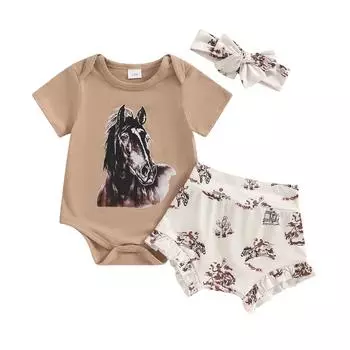 Одежда в стиле вестерн для маленьких девочек, 3 предмета, для детей 3, 6, 12, 18 месяцев, комбинезон с короткими рукавами и принтом лошади + шорты + повязка на голову, комплект, одежда для новорожденных 0-3 Months хаки