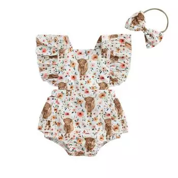 Одежда в стиле вестерн для маленьких девочек, комбинезон с принтом коровы, комбинезон без рукавов с рюшами, боди, повязка на голову, наряд для детской пастушки 0-6 Months