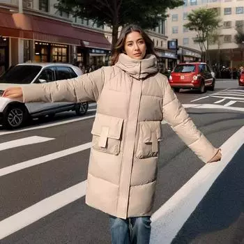 одежда ветрозащитная зимняя женская новая средняя и длинная модная свободная утолщенная теплая куртка M хаки
