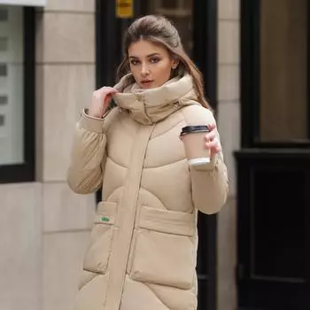 одежда женская новая зимняя средняя и длинная утепленная с капюшоном свободная на хлопковой подкладке универсальная теплая куртка S белый