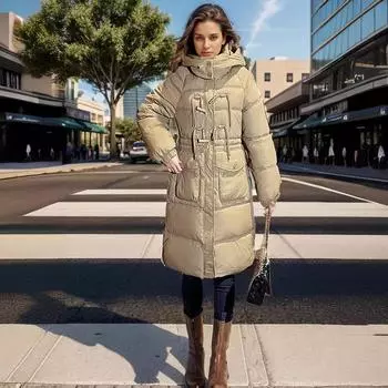 одежда женская средняя и длинная до колена новая свободная утолщенная с капюшоном теплая куртка прилив M чёрный