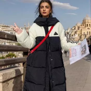 одежда женская средняя и длинная зимняя новая свободная одежда до колена из хлопка контрастные цвета утолщенное пальто большого размера L синий