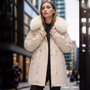 Одежда женская зимняя новая облегающая одежда модная универсальная пуховая толстая меховая интегрированная куртка M чёрный