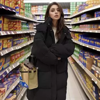 одежда женская зимняя средняя и длинная новая свободная воротник-стойка с капюшоном выше колена утолщенная теплая одежда на хлопковой подкладке M белый