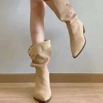 Один ботинок, двое носят ретро-ботинки со складками, матовые сапоги с набором, темпераментные женские сапоги на толстом каблуке, заостренные сапоги средней высоты с пуговицами 35 хаки