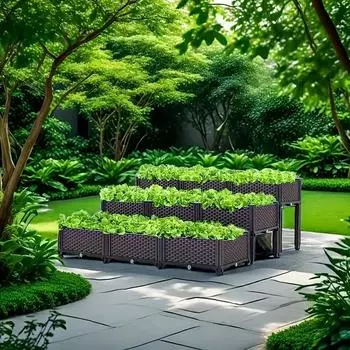 Один собранный овощной и цветочный горшок на балконе на крыше паркового сада, ящик можно соединять бесконечно чёрный
