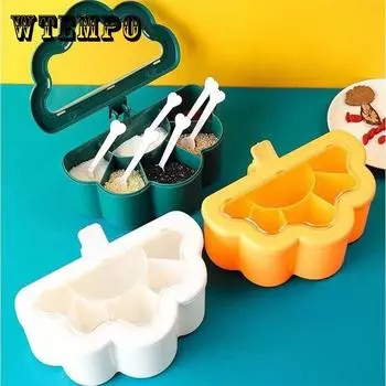 Один в одном Коробка для приправ с шестью сетками Многосетевая кухня Домашнее хозяйство с крышкой Влагостойкая пыленепроницаемая приправа Бутылка Кухонные принадлежности с 6 ложками белый