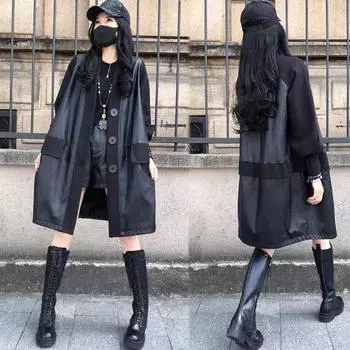 Одинарная/бархатная европейская мода средняя и длинная ретро-куртка с V-образным вырезом в стиле Гонконга легкая роскошная кожаная куртка осенняя куртка большого размера свободного покроя M [Recommended 100-55kg]